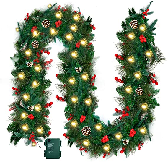 9ft Prelit Christmas Garland - Outdoor Decorations Artificial Garlands with Silver Pine Cone Red Berry 8 Modes Battery Operated Lights for Xmas Mantle Fireplace Door Window Stairs Railing Decor