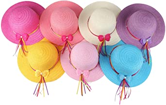 Girls Bow Straw Tea Party Hat Set (7 Pcs, Assorted Colors)