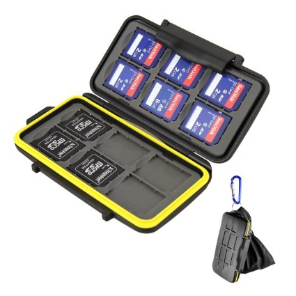 Beeway® Memory Card Carrying Case Holder for SD SDHC SDXC - 12 Slots Sealed Waterproof with Storage Bag & Carabiner