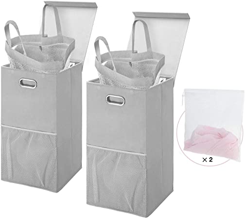 Greenstell Single Laundry Hamper with Lid and Oval Handles for Easy Movement, Foldable Grid Laundry Hamper Basket with Mesh Pockets Used in Bedrooms, Laundry Room and Balconies Gray (Two Packs)