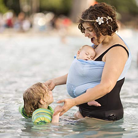 Beachfront Baby - Versatile Water & Warm Weather Ring Sling Baby Carrier | Made in USA with Safety Tested Fabric & Aluminum Rings | Lightweight, Quick Dry & Breathable (Sky Blue, One Size)