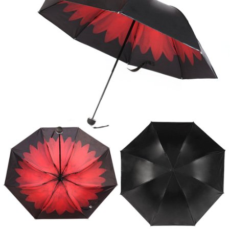 Ultralight Sun Umbrella, UV Protection Small Black Parasol 3 Folding Umbrella Great for Sunny and Rainy Day with Flower Contrast Lining
