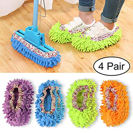 Washable Dust Mop Slippers, 4 Pairs Microfiber Mop Shoes for House Kitchen Office (Multicolor)