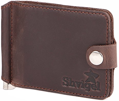 Shvigel Genuine Leather Minimalist Front Pocket Slim Wallet - Men's Compact Bifold ID Card Case - With Spring Money Clip and Cash Holder