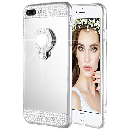 iPhone 7 Plus 8 Plus Case, Caka Rhinestone Series Glitter Luxury Cute Shiny Bling Mirror Makeup Case for Girls with Ring Kickstand Diamond TPU Case for iPhone 7 Plus 8 Plus (Silver)