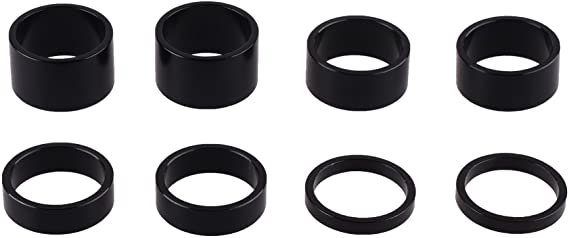 Bluecell Set of 8pcs 1-1/8inch Aluminum Alloy Bike Headset Spacer Stem Spacer for MTB Bike Road Bikes, 5mm, 10mm, 15mm, 20mm (Black)