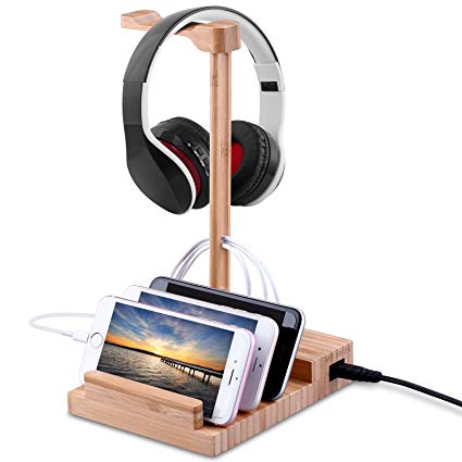 M.Way Multi Device Charging Station Bamboo 3-Port USB Charging Station Dock Stand with Headphone Stand, 3A Wooden Charge Organizer Display Holder for iPhone/iPad/Samsung/Huawei/Tablet/Smartphone