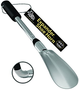 FootMatters Long Handled Metal Expander Shoe Horn Flex Spring End - Extendable & Collapsible 16" to 31" - Stainless Steel Strong - Light & Easy to Carry and Stow - 100% Money Back Guarantee