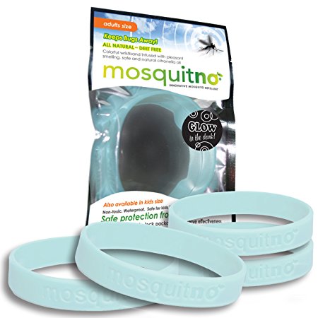 Mosquitno Natural, Citronella, Waterproof Mosquito Repellent Wristbands, Adult, 5-Pack, Glow in The Dark