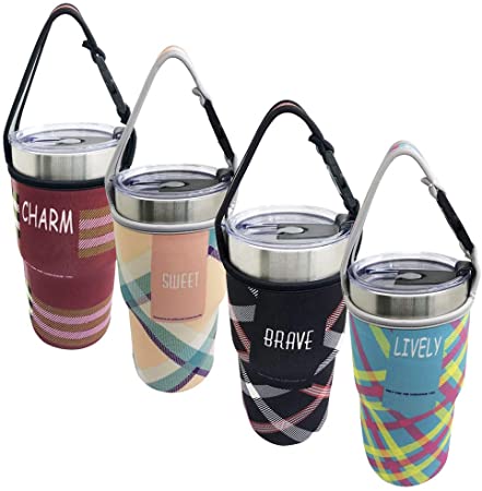 4 PACK Tumbler Carrier Holder Pouch,For All 30oz Stainless Steel Travel Insulated Coffee Mugs,Sonku Neoprene Sleeve with carrying handle,Sweat Free,Portable,Protective,Washable -4 Colors