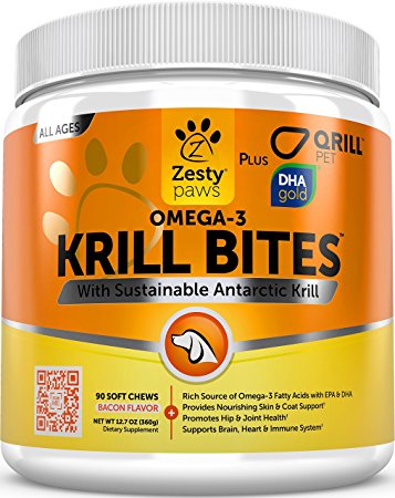 Omega 3 Krill Fish Oil for Dogs - Hip & Joint Arthritis Relief   Skin & Coat Health Supplements - With Qrill Pet Meal & DHAgold   Hemp & Astaxanthin - Brain, Heart & Immune Support - 90 Chew Treats