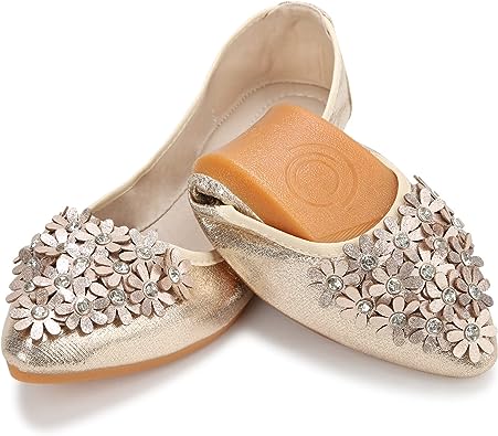 KUNWFNIX Women's Ballet Flats Crystal Wedding Ballerina Shoes Foldable Sparkly Comfort Slip on Flat Shoes