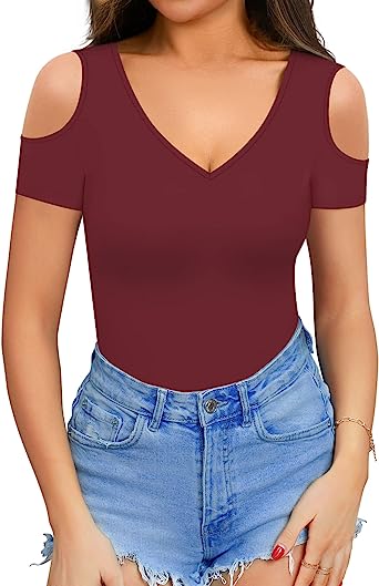 MANGOPOP Women Sexy Deep V Neck Short Sleeve Bodysuit Tops Cold Shoulder Casual T Shirts