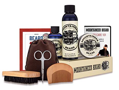 Beard Grooming Care Kit for Men by Mountaineer Brand | Beard Oil (2oz), Conditioning Balm (2oz), Wash (4oz), Brush, Comb, Scissors (WV Timber Bonus Kit)