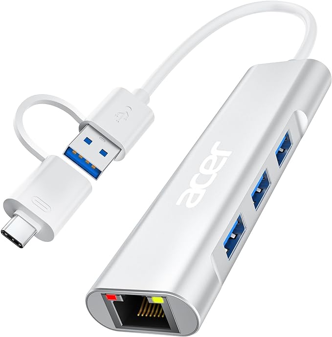 Acer USB C to Ethernet Adapter, 4-in-1 USB-A/C Hub with 3 USB-A 3.1 & 1Gbps RJ45 Networks, Sturdy Aluminum USB-C to LAN Adapter for MacBook Pro Air, Surface, Chromebook, Acer, Laptop, and More