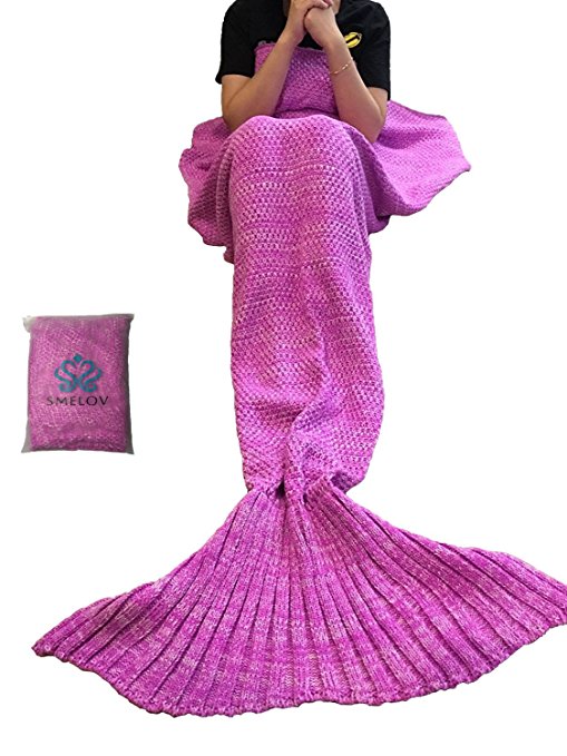 SMELOV Mermaid Tail Blanket and Handmade Crochet Sleeping Blanket,Super Soft All Seasons Sleeping Bags,Best Chrismas Gift for Adult Kids,71” X 35.5”,Pink
