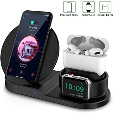 KKUYI Wireless Charger, 3 in 1 Qi Certified Wireless Charging Station for AirPods Pro, iPhone, Apple Watch, Compatible with iPhone 11 Pro Max/Xs/Xr/X/10/8 Plus Samsung Galaxy S20/Note 10/S10 Plus