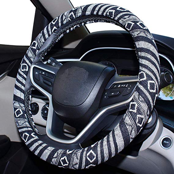 SHIAWASENA Car Steering Wheel Cover, Coarse Flax Cloth, Ethnic Style, Universal 15 Inch Fit, Anti-Slip Sweat-Absorbent (E#)