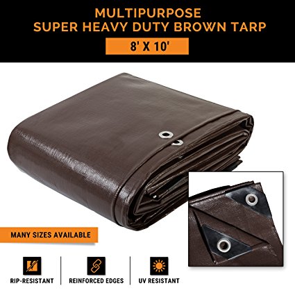 8' x 10' Super Heavy Duty 16 Mil Brown Poly Tarp Cover - Thick Waterproof, UV Resistant, Rot, Rip and Tear Proof Tarpaulin with Grommets and Reinforced Edges - by Xpose Safety