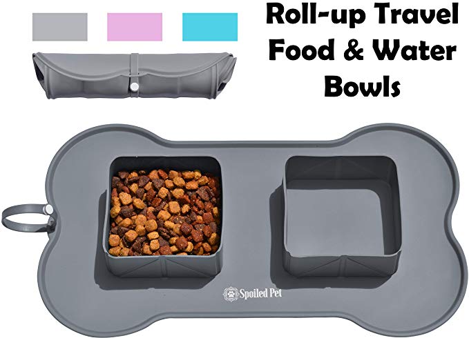Pet Feeding Bowls Travel Set - Collapsible Silicone Roll Up Mat with Foldable and Expandable Bowls - Portable Dog and Cat Food Water Bowls - Traveling - Camping - Hiking - Includes Carrying Bag
