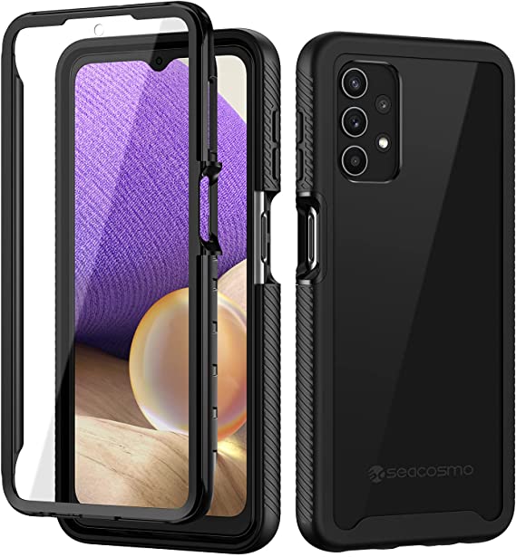 seacosmo Samsung A32 5G Case, [Built-in Screen Protector] Full Body Clear Bumper Case Shockproof Protective Phone Cases Cover for Samsung Galaxy A32, Black