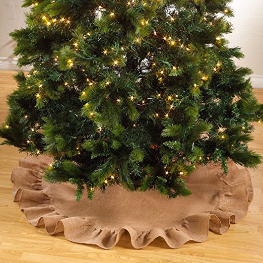 Holiday Décor Ruffle Trim Jute Burlap Xmas Tree Skirt, 53-inch Round (Natural)