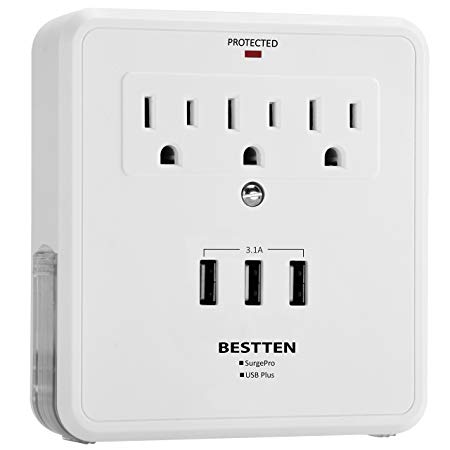 Bestten Wall Mount Surge Protector with 3.1A Triple USB Charging Ports, 3 AC Outlet Plugs and 2 Slide Out Phone Holders for iPhone, iPad and Others, ETL Certified