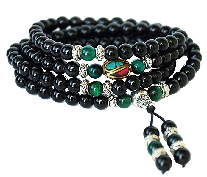 Mala Beads Stretch Bracelet by Om Shanti Crafts | Black Obsidian & Tiger Stone, Buddhist Prayer Beads, Yoga Bracelets, Wear For Daily Meditation & Spiritual Growth, 6mm Meditation Beads, Unisex