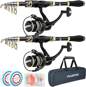 PLUSINNO Fishing Pole, Fishing Rod and Reel Combo,Telescopic Fishing Rod Kit with Spinning Reel, Collapsible Portable Fishing Pole with Carrier Bag for Freshwater Saltwater Fishing Gifts for Men Women