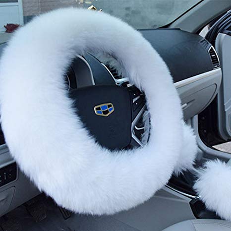 Soft Winter Warm Sheepskin Long Wool Fuzzy Steering Wheel Cover for Most Cars