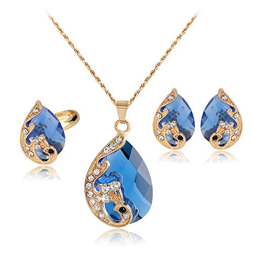 Girl Era Sexy Peacock Love Teardrop Crystal Necklace, Rings and Earrings Jewelry Set