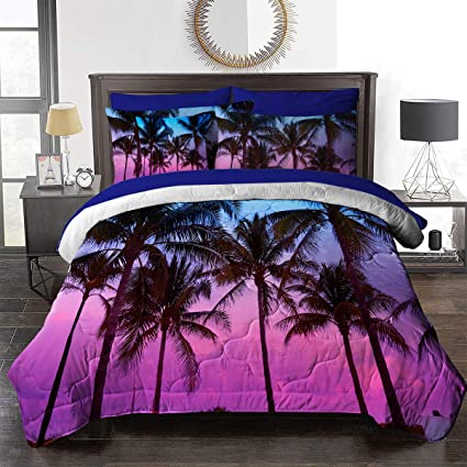 BlessLiving Bed-in-A-Bag 8 Piece Palm Trees Comforter Set Tropical Sunset Bedding Sheets Twin Blue Purple 1 Comforter, 2 Pillow Shams, 1 Flat Sheet, 1 Fitted Sheet, 1 Cushion Cover, 2 Pillowcases