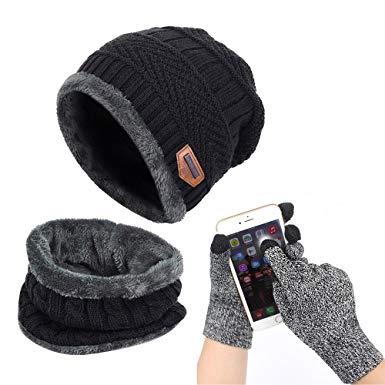 Affei Winter Beanie Hat Scarf Set Warm Knit Hat Thick Knit Skull Cap Touch Screen Glove Unisex