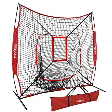 ZENsports 7' x 7' Baseball Softball Practice Hitting Pitching Net with Strike Zone Target and Bow Net Frame & Carry Bag,Batting Pitching Softball Tee