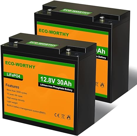 ECO-WORTHY (2 Pack) 12V 30Ah LiFePO4 Lithium Battery, Deep Cycle Rechargeable Battery with BMS for Mobilty Scooter, Power Wheelchair, Trolling Motor, Golf Cart