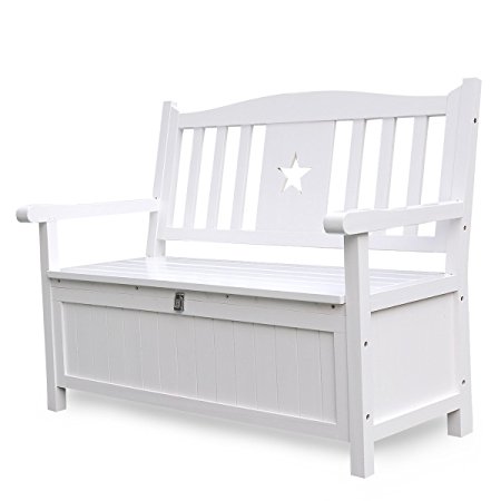 Songsen 4 Feet Wooden Storage Bench With Arm And Back Garden Storage Bench Chest Indoor Shoe Cabinet Chair, White