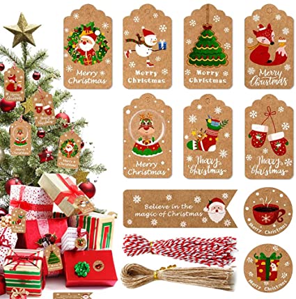 Christmas Gift Tags with String, 100Pcs Brown Xmas Kraft Paper Tags Card with Jute Red White Cotton Twine, Small Merry Christmas Presents Tags Labels for Gift Wrapping Crafts Tree Hanging Decoration