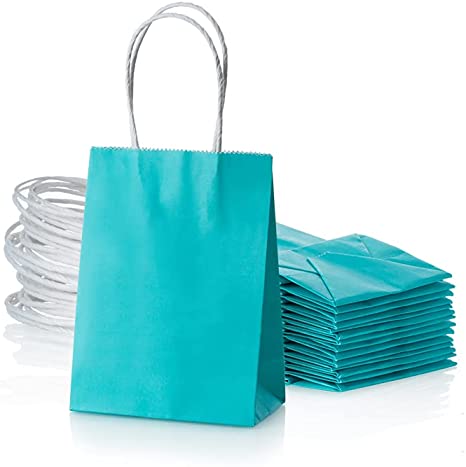 Small Turquoise Blue Paper Bag with Handle Party Favours Bag 6x4.5x2.5 inch for Baby Shower Birthday Wedding Recycled Bag, Pack of 24