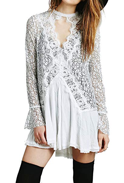 R.Vivimos Womens Lace Sexy See Through Long Sleeve Swing Short Dresses