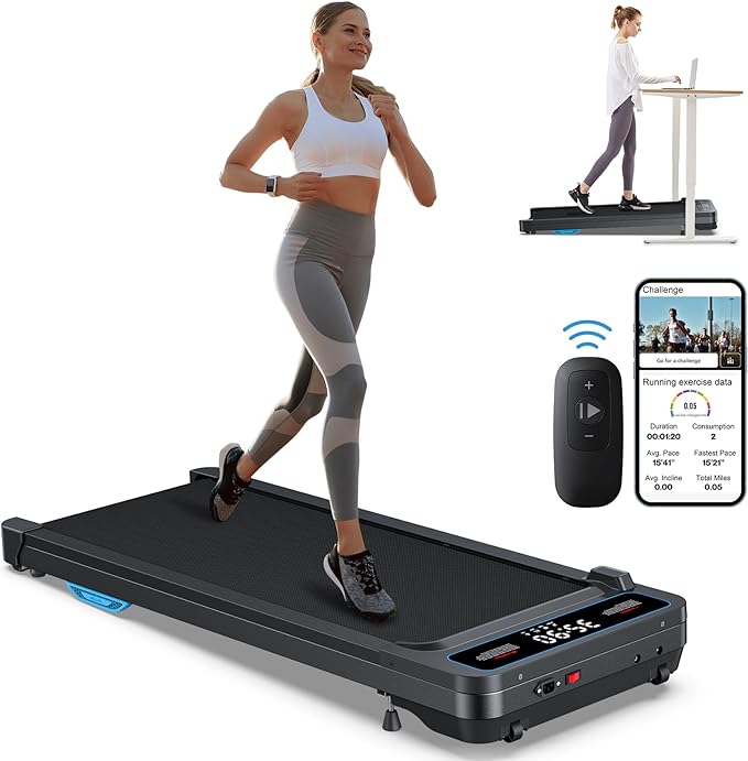 Incline Under Desk Walking Pad: Voice Controlled Smart Standing Treadmill Works with ZWIFT KINOMAP WELLFIT APP for Home Office - 265Lbs Capacity Quiet Treadmills with LED Screen Remote Control