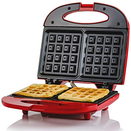 Ovente WMS602R Electric Waffle Maker, 750W, Non-Stick Plates, Safety Cover Latch, Indicator Lights, Cool-Touch Handle, Red, 2-Slice,