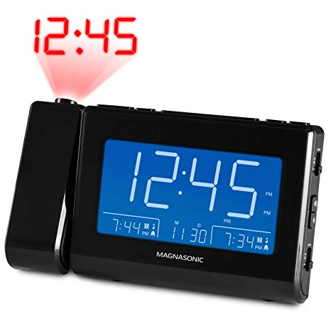 Magnasonic Alarm Clock Radio with USB Charging for Smartphones & Tablets, Time Projection, Auto Dimming, Dual Gradual Wake Alarm, Battery Backup, Auto Time Set, Large 4.8" LED Display, AM/FM (CR64)