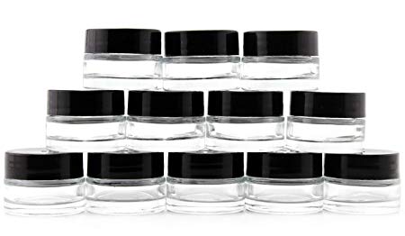 7-Milliliter Clear Glass Balm Jars (12-Pack); 1/4 oz Cosmetic Jars with Lined Black Plastic Lids