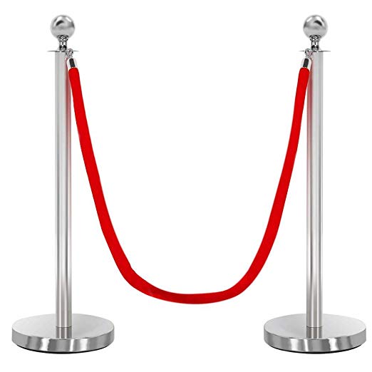 Yaheetech Round Top Stainless Plated Stanchions, Set of 2 Pcs with 1 of 6.5ft Red Velvet Rope, Silver