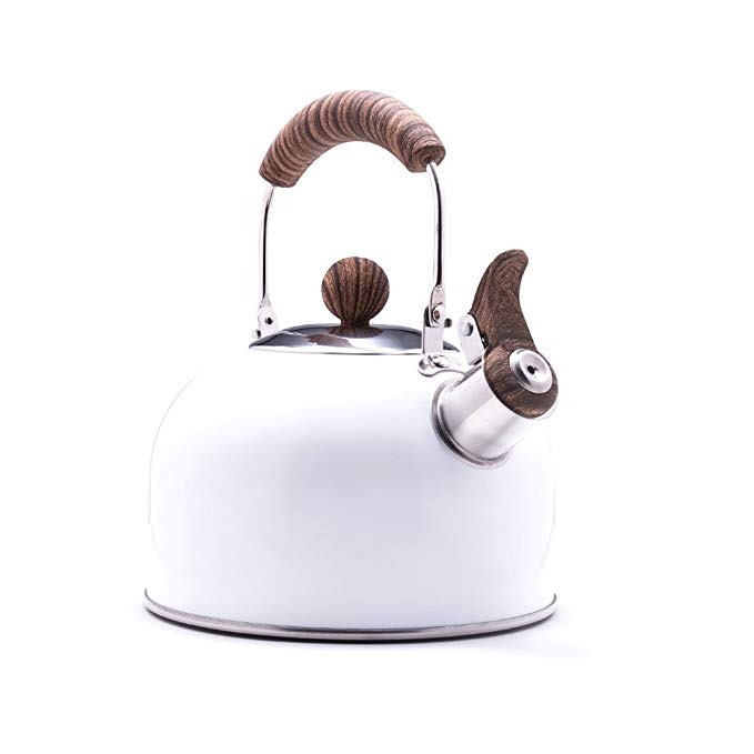 Rockurwok Stainless steel whistling stove top tea kettle, wooden bakelite handle, ceramic white coating, 2.3L