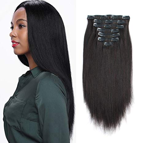 AmazingBeauty Real Remy Thick Yaki Hair Clip In Hair Extensions for African American Relaxed Hair 7 Pieces 120 Gram Per Set, 18 Inch