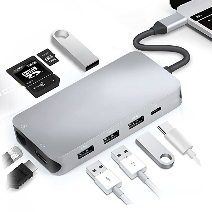 USB C Hub, 9 in 1 USB C to HDMI & RJ45 Gigabit Ethernet LAN Network Hub, with 4USB3.0 Ports, SD/TF Card Reader and USB C Charging Port (Gray)