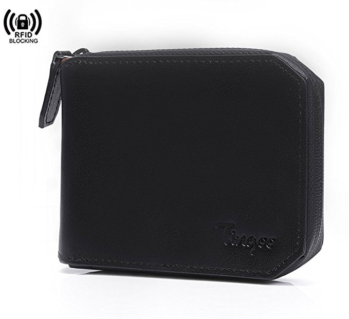 RFID Blocking Genuine Leather Zipper Around Water Resistant Wallet Card Holder
