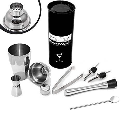 4 pc Cocktail Shaker Set - FREE Muddler , FREE Bar Spoon & FREE Liquor Pourers (2) - Stainless Steel 4pc Bar Set - Cocktail Shaker (18.5oz) - Strainer - Jigger - Tongs
