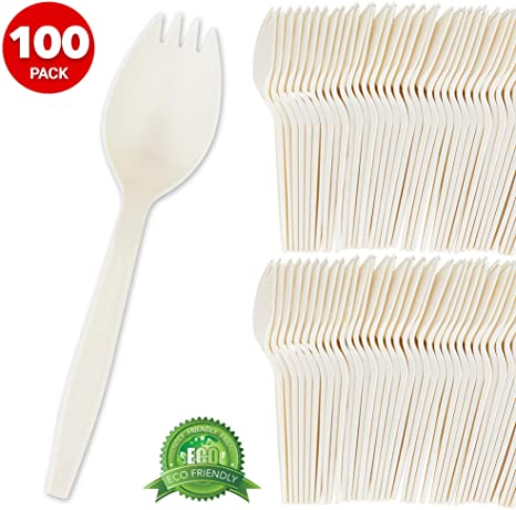 Eco Friendly Sporks (100 Count) Biodegradable Cutlery, Kid Safe 2 in 1 Utensils Compostable Cornstarch Sporks – Heavy Weight Fork Spoon Great for School Lunch, Cafeteria, Restaurant, Meals, Parties